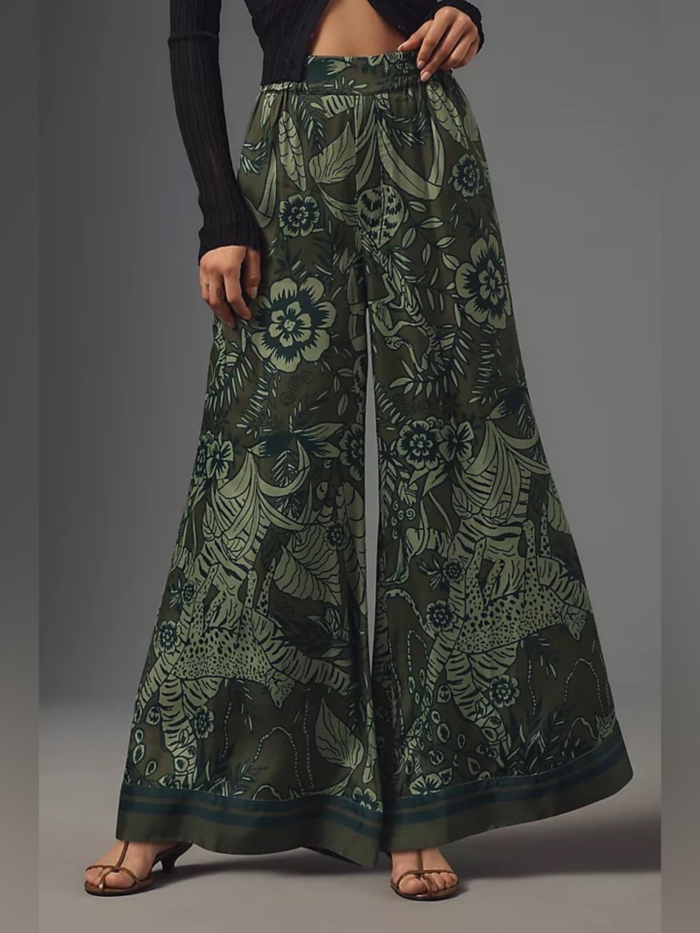 Farm Rio Anthropologie Satin Cheetah Printed Pants Green Small Flare
